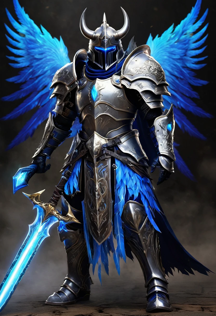 

Create a detailed character design for a Nephilim knight, blending elements of celestial heritage and dark, forbidding armor reminiscent of a Death Knight. This character should embody a fusion of divine power and ominous presence. Take inspiration from the Warcraft universe, particularly the character of Arthas, in both his princely and Death Knight forms, and incorporate the gritty, brutal style of Guts from Berserk.

**Character Background:**
- **Name:** Seraphim Arcturus
- **Lineage:** Half-angel, half-human, with a tragic past that led to his fall from grace.
- **Role:** A fallen protector turned dark avenger, bound to both celestial duties and a cursed destiny.

**Physical Appearance:**
- **Height:** 6'6"
- **Build:** Muscular, rugged, and imposing, with the battle-worn look of a seasoned warrior.
- **Eyes:** Glowing with an icy blue light, reminiscent of the Lich King's gaze.
- **Hair:** Long, silver, and flowing, often seen peeking out from beneath his helmet.
- **Wings:** Once pure and angelic, now tattered and darkened with shadowy tendrils.

**Armor:**
- **Design:** Heavy, ornate Death Knight armor with intricate engravings and glowing runes. The armor should combine elements of angelic design (such as feathers or wing motifs) with dark, corrupted aesthetics (like skulls, spikes, and jagged edges). Incorporate the gritty, battle-worn aesthetic of Guts' Berserker armor, with visible dents, scratches, and wear from countless battles.
- **Helmet:** A fearsome helm that covers the entire face, leaving only the glowing blue eyes visible through the slits. It should have a crown-like structure, echoing the fallen royalty theme, and bear signs of battle damage.
- **Chestplate:** Massive and broad, with a central glowing rune and faint traces of angelic sigils that have been corrupted. The armor should show signs of wear, with scratches and dents tha