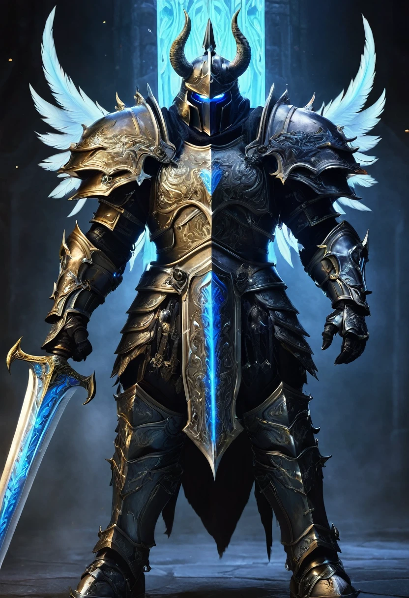 Create a detailed character design for a Nephilim knight, blending elements of celestial heritage and dark, forbidding armor reminiscent of a Death Knight. This character should embody a fusion of divine power and ominous presence. Take inspiration from the Warcraft universe, particularly the character of Arthas, in both his princely and Death Knight forms, and incorporate the gritty, brutal style of Guts from Berserk.
**Character Background:**
- **Name:** Seraphim Arcturus
- **Lineage:** Half-angel, half-human, with a tragic past that led to his fall from grace.
- **Role:** A fallen protector turned dark avenger, bound to both celestial duties and a cursed destiny.
**Physical Appearance:**
- **Height:** 6'6"
- **Build:** Muscular, rugged, and imposing, with the battle-worn look of a seasoned warrior.
- **Eyes:** Glowing with an icy blue light, reminiscent of the Lich King's gaze.
- **Hair:** Long, silver, and flowing, often seen peeking out from beneath his helmet.
- **Wings:** Once pure and angelic, now tattered and darkened with shadowy tendrils.
**Armor:**
- **Design:** Heavy, ornate Death Knight armor with intricate engravings and glowing runes. The armor should combine elements of angelic design (such as feathers or wing motifs) with dark, corrupted aesthetics (like skulls, spikes, and jagged edges). Incorporate the gritty, battle-worn aesthetic of Guts' Berserker armor, with visible dents, scratches, and wear from countless battles.
- **Helmet:** A fearsome helm that covers the entire face, leaving only the glowing blue eyes visible through the slits. It should have a crown-like structure, echoing the fallen royalty theme, and bear signs of battle damage.
- **Chestplate:** Massive and broad, with a central glowing rune and faint traces of angelic sigils that have been corrupted. The armor should show signs of wear, with scratches and dents tha