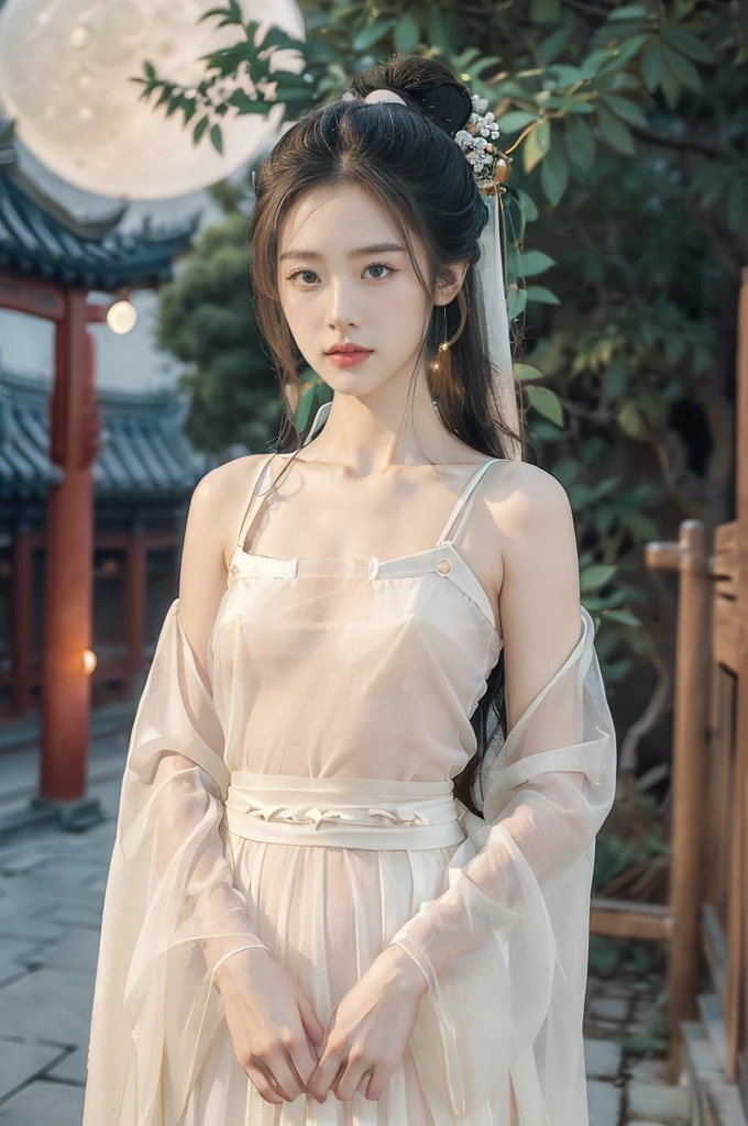 (((best quality))),(((ultra detailed))),(((masterpiece))),illustration,((1 beautiful girl,solo)),(short ponytail:1.2),((bright eyes,gentle smile)),((slim,thin)),((small breasts,flat chest)),(white see through sheer strap Hanfu:1.3),flowing fabric,serene demeanor,vibrant plants and trees,(Chinese-style architecture:1.3),tile roofs,intricate wooden carvings,rich and vivid colors,(serene glow of the moon:1.5),(((colorful clouds))),traditional Chinese garment,(((summer night,village courtyard))),(standing:1.3),(arms behind back:1.3),((from front,upper body))