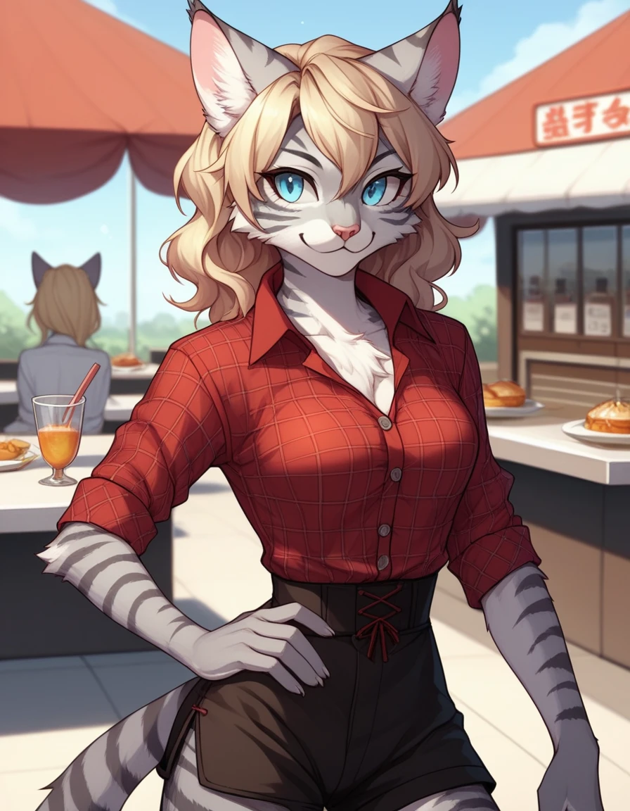 score_9,score_8_up,score_7_up, kemono style, Kat, Anthro furry feline, silver fur, grey stripes on body, blue eyes, short wavy blonde hair, red bandana tied to head, pink nose, :3, upper body shot, portrait, wearing red plaid tied collared shirt, black waist shorts with buttons, outdoors, standing in front of a 1940s diner, on hand one waist, cowboy shot