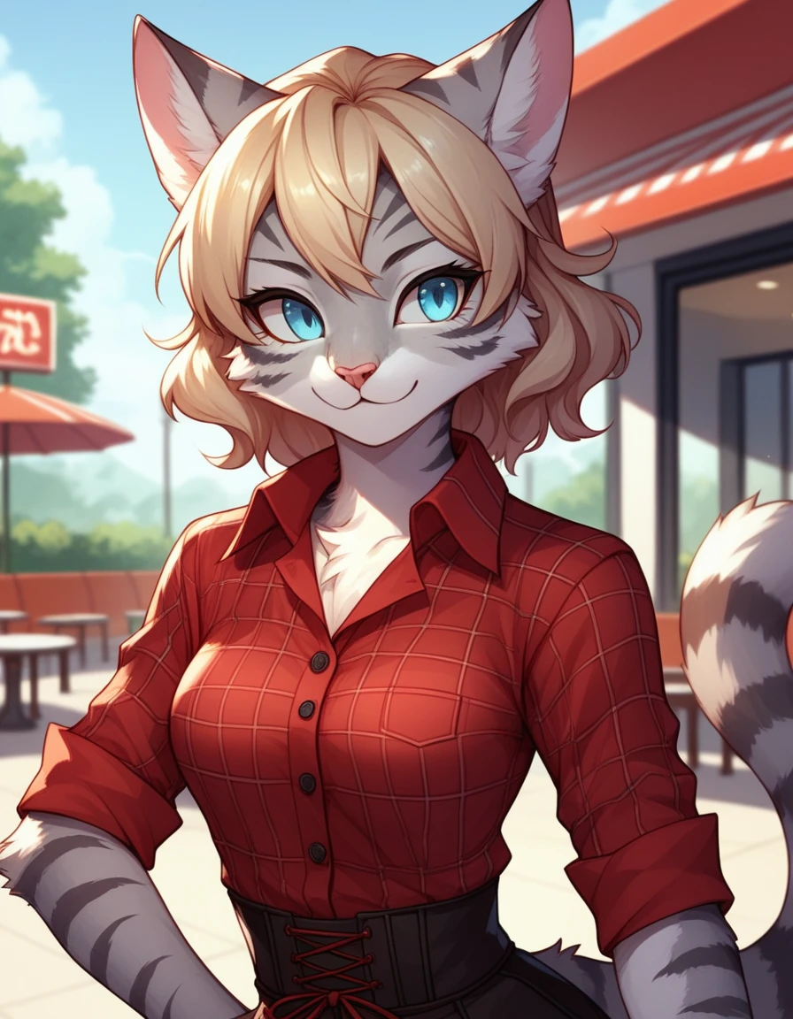score_9,score_8_up,score_7_up, kemono style, Kat, Anthro furry feline, silver fur, grey stripes on body, blue eyes, short wavy blonde hair, red bandana tied to head, pink nose, :3, upper body shot, portrait, wearing red plaid tied collared shirt, black waist shorts with buttons, outdoors, standing in front of a 1940s diner, on hand one waist, cowboy shot