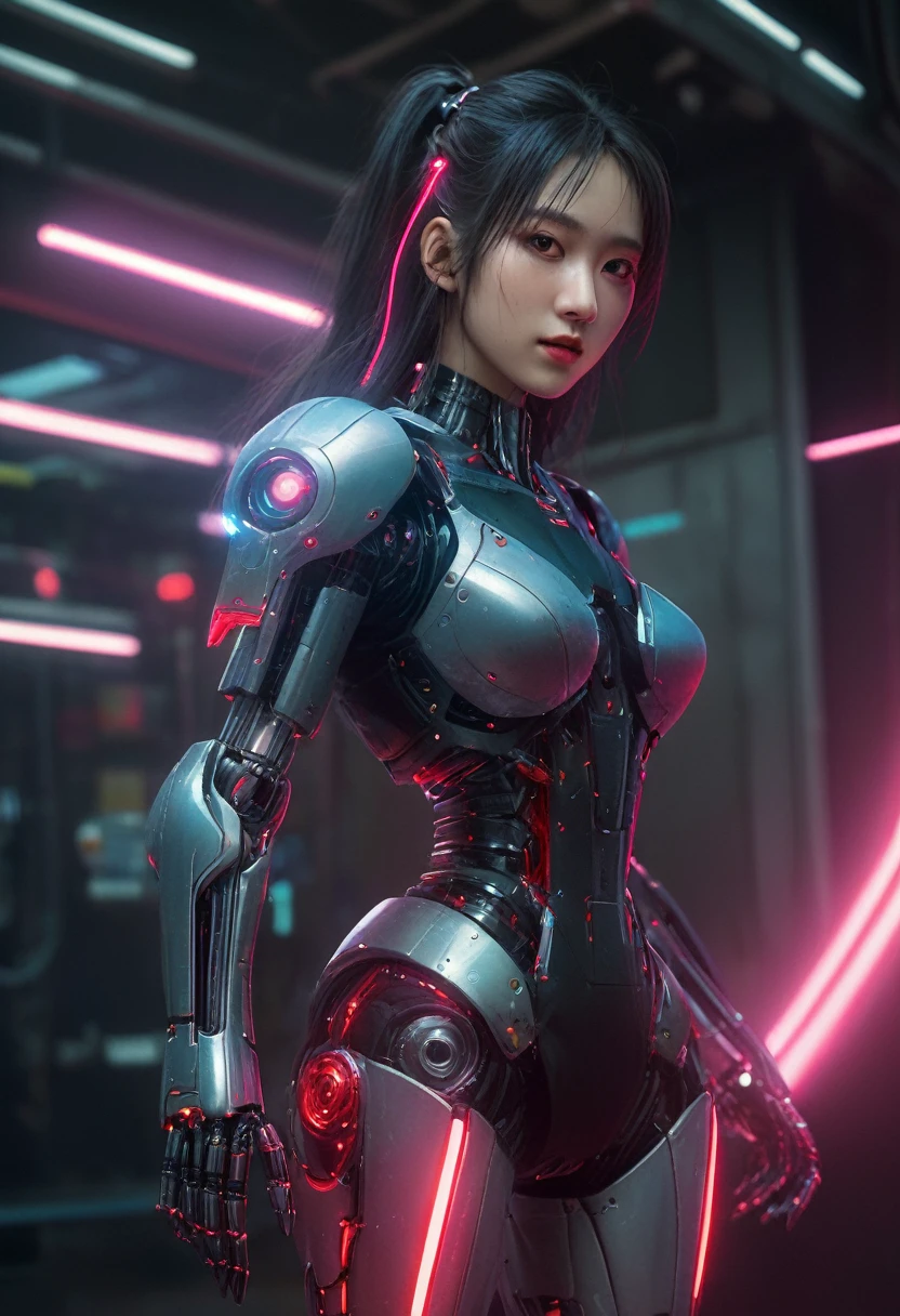 xxmixgirl. Highly detailed professional 35mm film, bokeh, face in sharp focus. A robotic female, Miku, with ((metal skin)), ((perfect Asian eyes)) with magenta irises and ((black pupils)), beautiful serious (detailed face), 18 year old ((photorealistic face)), very long magenta twin tails of magenta hair, twin black hair ties with a single red stripe. She may have a black audio headpiece. We can see her ((full body)) down to her boot soles. Her outfit is a sleeveless collared light grey shirt, outlined in red around the frilled collar and hems. Shiny reflective ((metallic breast cups, dimpleless)), invisible nipples. She wears black sleeves with red hems that start around her upper arm and bellow out as the sleeves open and extend to her wrists, with wide trumpet red rimmed cuffs. She has perfect robotic (detailed hands). She wears a red colored tie with two horizontal solid parallel black lines halfway across. She wears a fabric black skirt with a horizontal red hem at the bottom all the way around; her (((black skirt wraps around her))) and ((her skirt completely covers)) her robotic waist and thighs. Tall black boots with red bottom soles, a red rim around the top at her thighs. Her mechanical shoulder joints are visible. We can see her robotic legs and robotic neck. Half of her is covered with shiny polished machinery. The background is a distant dark neon futuristic Japanese city, gold, cyan, violet neon, near harbor or mountains.