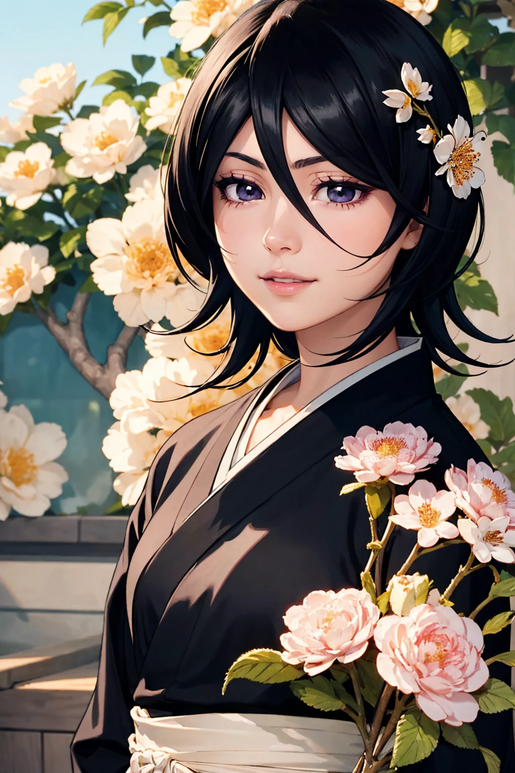 rich in detail, Natural strokes and colors, natural lighting, face detailed, detailed hair, eye detailed, detailed nose, Detailed lips. Face of a young and beautiful girl, around flowers, wearing a black kimono, with short black hair, and with a smile rukia kuchiki.