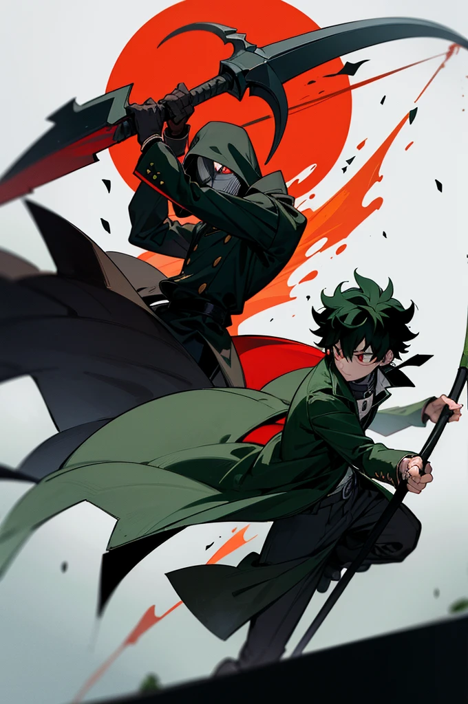 (best quality, masterpiece1.2), detailed,1boy, Blood_Skelter, discolored eyes, brown blood,wounds caused by fire, black fire, midoriya izuku, short green hair faded, midorita izuku like death, plague doctor clothes, plague doctor mask, brandishing a scythe in his hands,curved and sharp blade mounted on a long handle. The blade of the scythe is usually made of steel and has a very sharp edge on one of its sides, dark handle of the scythe, Izuku Midoriya as the grim reaper dressed in plague doctor's clothes wielding a scythe, in a cemetery under the crimson moonlight.