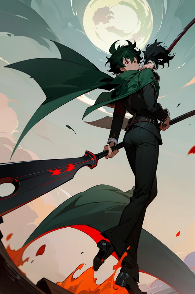 (best quality, masterpiece1.2), detailed,1boy, Blood_Skelter, discolored eyes, brown blood,wounds caused by fire, black fire, midoriya izuku, short green hair faded, midorita izuku like death, plague doctor clothes, plague doctor mask, brandishing a scythe in his hands,curved and sharp blade mounted on a long handle. The blade of the scythe is usually made of steel and has a very sharp edge on one of its sides, dark handle of the scythe, Izuku Midoriya as the grim reaper dressed in plague doctor's clothes wielding a scythe, in a cemetery under the crimson moonlight.