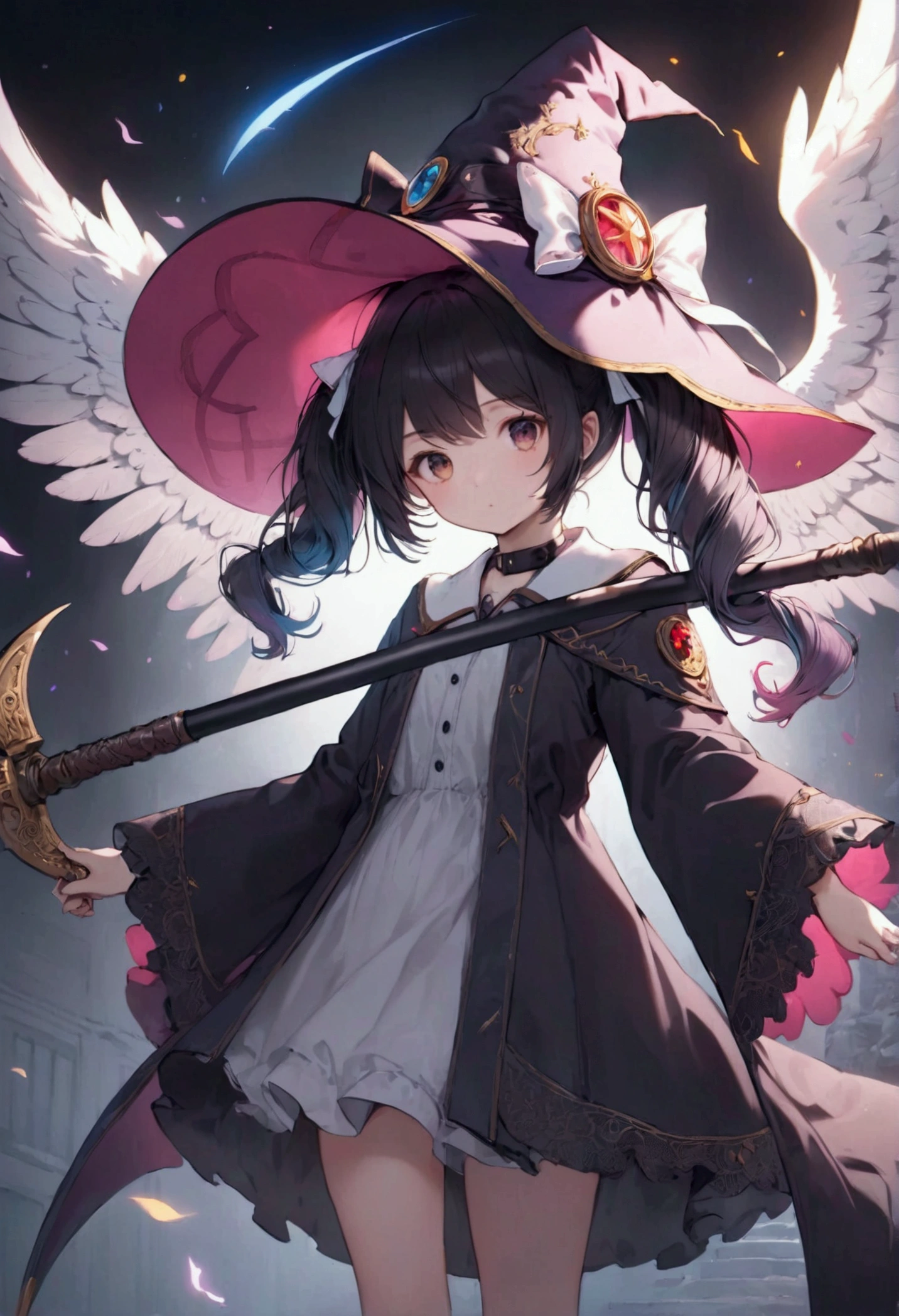 witch hat, twin tails, scythe, angel wings,,,