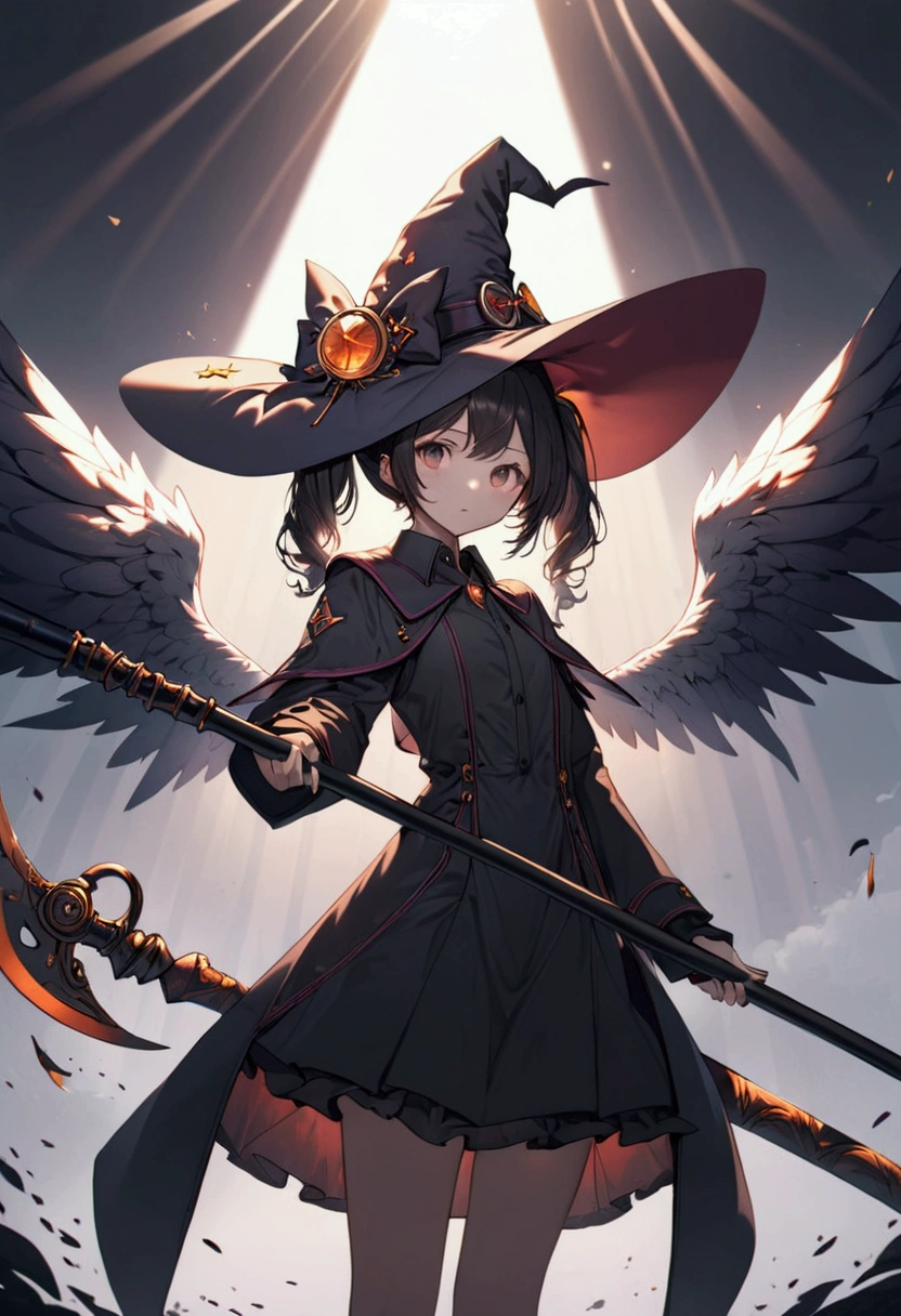 witch hat, twin tails, scythe, angel wings,,,