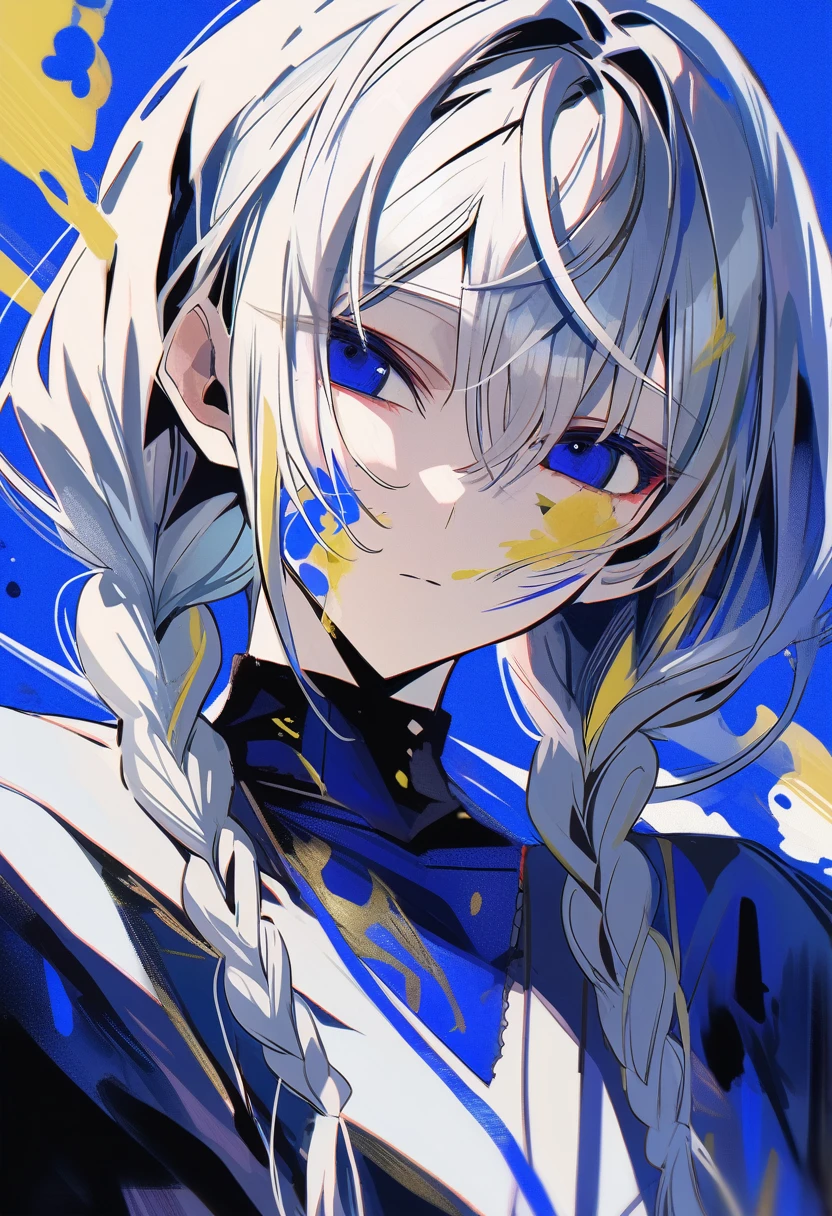 masterpiece, Highest quality,
//////////////One girl, alone, paint splatter, View your viewers, Hair between the eyes, blue flower, paint splatter on face, flower, Portraiture, Long Hair, Braiding, Mouth closed, bangs, clavicle, twin Braidings, blue eyes, Blue background, shirt, yellow flower, Twin tails, Straight, Expressionless, paint
////////