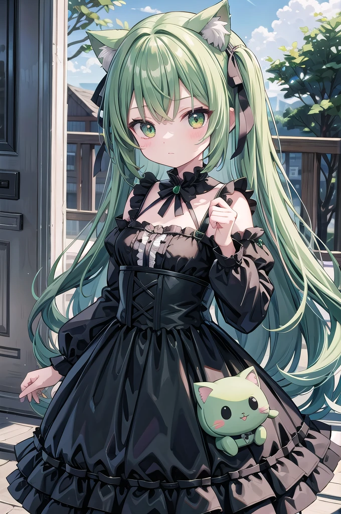 Super Deformed green hair Cat ears Curly hair Gothic Lolita BIG リボン