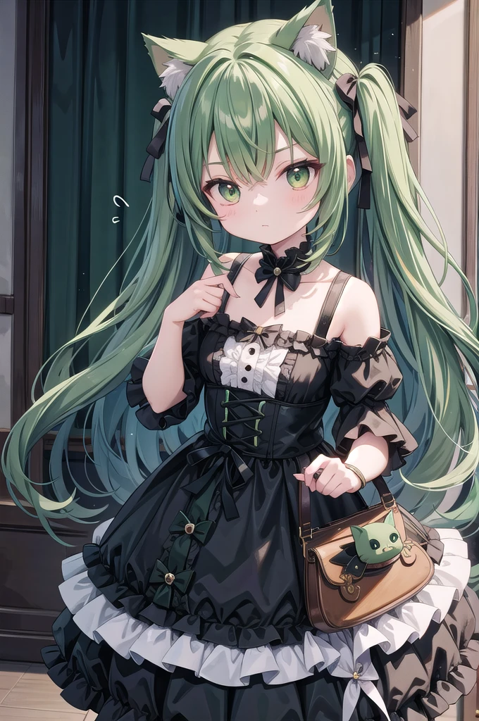 Super Deformed green hair Cat ears Curly hair Gothic ta BIG リボン