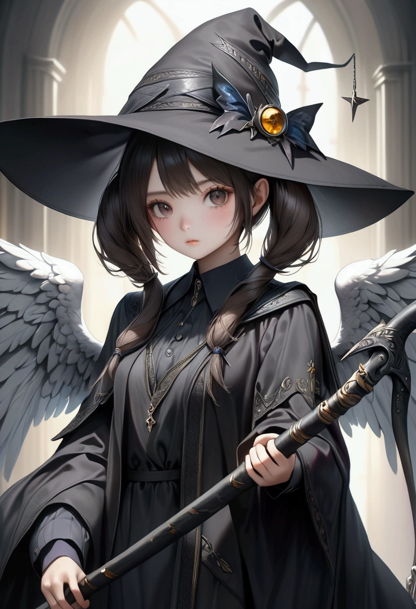 a witch wearing a black hat with twin tails, holding a scythe, with angel wings, detailed face, detailed clothing, detailed background, (best quality,8k,highres,masterpiece:1.2),ultra-detailed,(realistic,photorealistic,photo-realistic:1.37),fantasy,dark fantasy,dramatic lighting,muted colors,cinematic