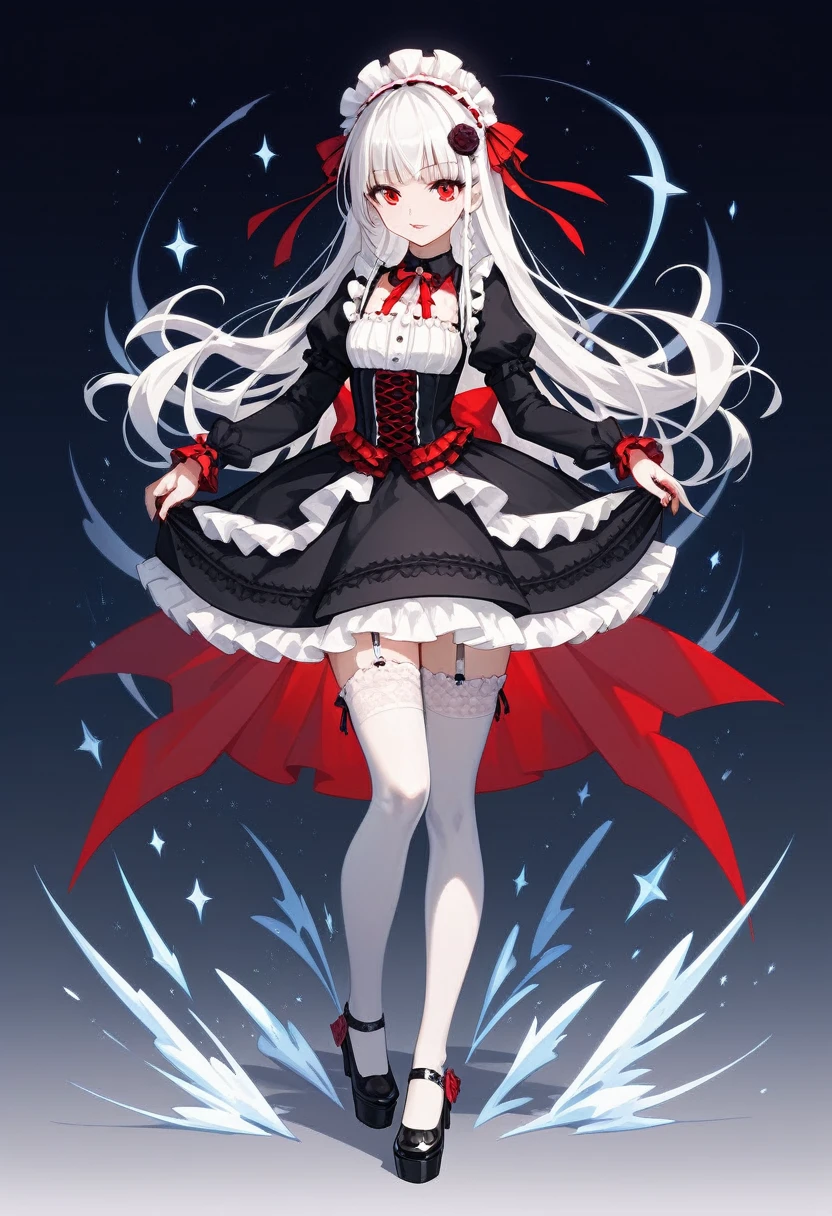 masterpiece, top-quality, ​masterpiece, top-quality,ighly detailed,{top-quality}, {{​masterpiece}}, {hight resolution},original, {extremely delicate and beautiful},​masterpiece, top-quality,ighly detailed,{top-quality},white hair, gothic lolita, full body, standing, white thighhighs,