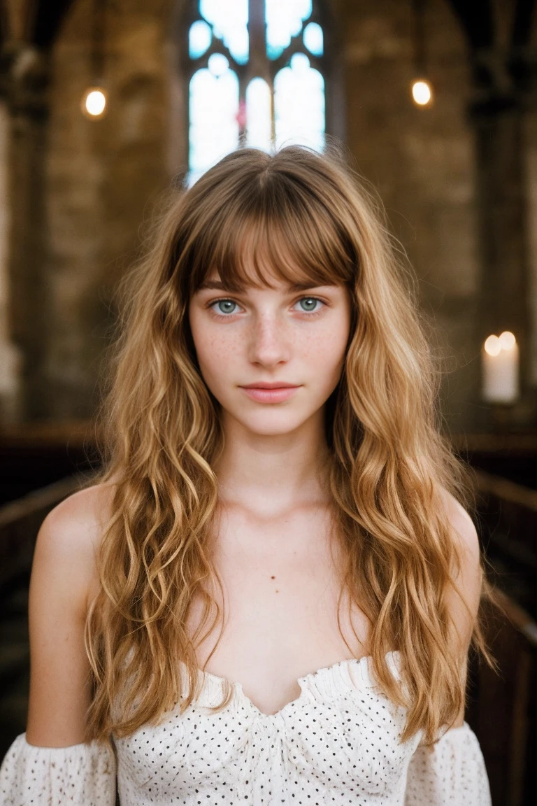 realistic photo of a 17-year-old girl, beautiful face, cute appearance, long wavy blonde hair with bangs, freckles, in an off-shoulder dress, standing in an old church, relaxed expression, brimming with emotion, interplay of contrast along with detailed light and shadow, depth of field, dark atmosphere with candlelight scenario,