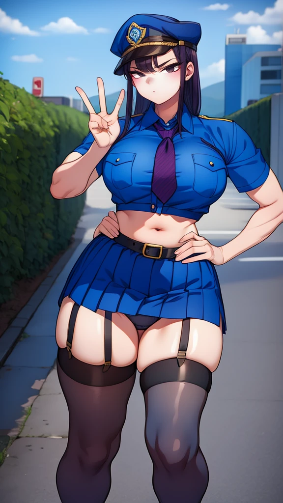 a cartoon character in a sexy suit posing on the street with a bush, police officer, police uniform, 1 girl, police woman, shirt, skirt, hat, tie, police cap, blue eyes, gloves, breasts, purple hair very dark, thighs, solo, navel, garter straps, looking at viewer, short sleeves, large breasts, underwear, miniskirt, midriff, ass visible through thighs, panties, outdoors, indentation, braid, hand in hand hip, belt, black skirt, uniform, collared shirt, frown, thigh highs, peaked cap, crop top, black panties, blue shirt, chest pocket, V-shaped eyebrows, Eiko Tsukimi, blue eyes, purple hair very dark baseball cap