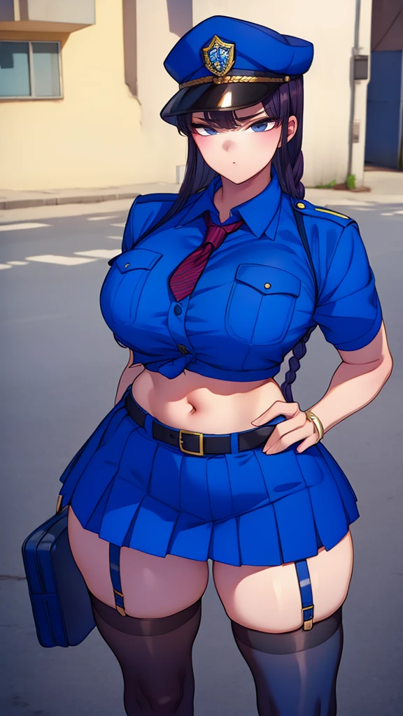 a cartoon character in a sexy suit posing on the street with a bush, police officer, police uniform, 1 girl, police woman, shirt, skirt, hat, tie, police cap, blue eyes, gloves, breasts, purple hair very dark, thighs, solo, navel, garter straps, looking at viewer, short sleeves, large breasts, underwear, miniskirt, midriff, ass visible through thighs, panties, outdoors, indentation, braid, hand in hand hip, belt, black skirt, uniform, collared shirt, frown, thigh highs, peaked cap, crop top, black panties, blue shirt, chest pocket, V-shaped eyebrows, Eiko Tsukimi, blue eyes, purple hair very dark baseball cap