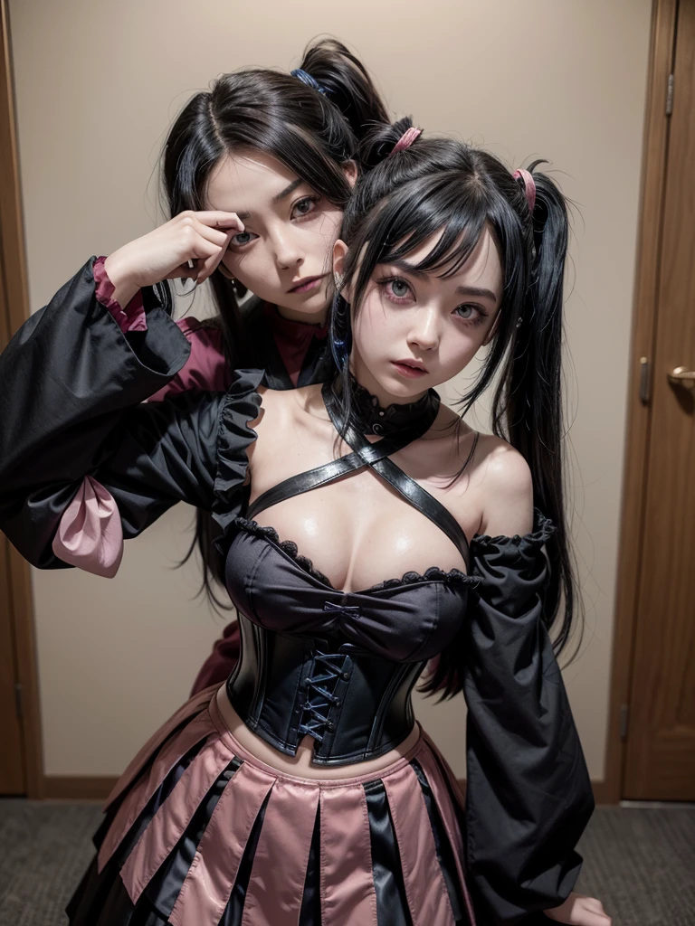  a demon anime girl from Kimetsu no yaiba with black hair with pink tips tied in a ponytail with one red eye with black sclera and the other red-purple (with a black CORSET with wine and a skirt with black gothic sleeves from the sides to the hips) height of 1.50,bust size D 28 with a pale gothic dress with tokito a 14 year old boy with his black hair with blue tips and a wedding suit