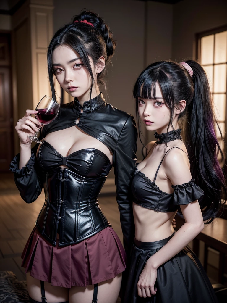  a demon anime girl from Kimetsu no yaiba with black hair with pink tips tied in a ponytail with one red eye with black sclera and the other red-purple (with a black CORSET with wine and a skirt with black gothic sleeves from the sides to the hips) height of 1.50,bust size D 28 with a pale gothic dress with tokito a  boy with his black hair with blue tips and a wedding suit