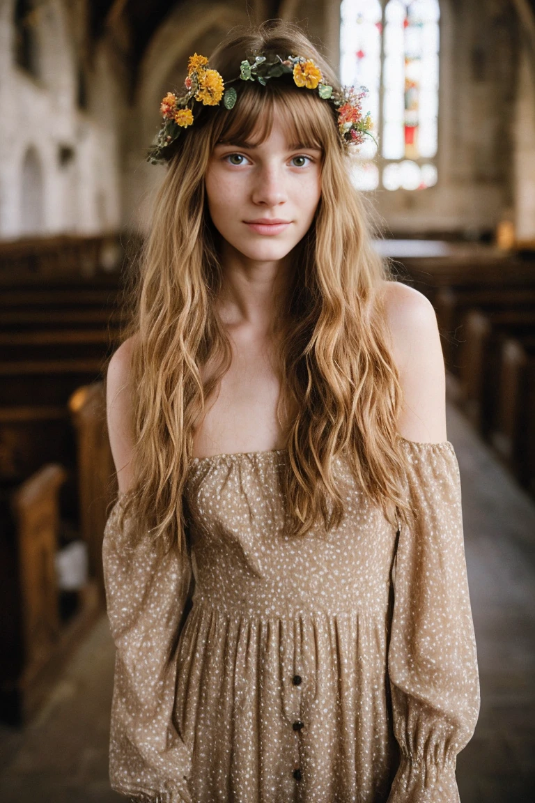 realistic photo of a , beautiful face, cute appearance, long wavy blonde hair with bangs, freckles, in an off-shoulder dress, standing in an old church, relaxed expression, brimming with emotion, interplay of contrast along with detailed light and shadow, depth of field, dark atmosphere with candlelight scenario, wearing overalls with flower crown
