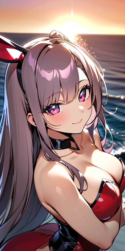 ((Highest quality、、masterpiece:1.3)), Upper Body、Long legs、Sharp focus:1.2, Beautiful woman with perfect figure:1.4、(Smiling:1.2), double eyelid、30-year-old female、Sexy pose、((((Close your mouth、One Woman、Bunny girl,Coast where you can see the sunrise))))、(((((Hands on the side of the body)))))