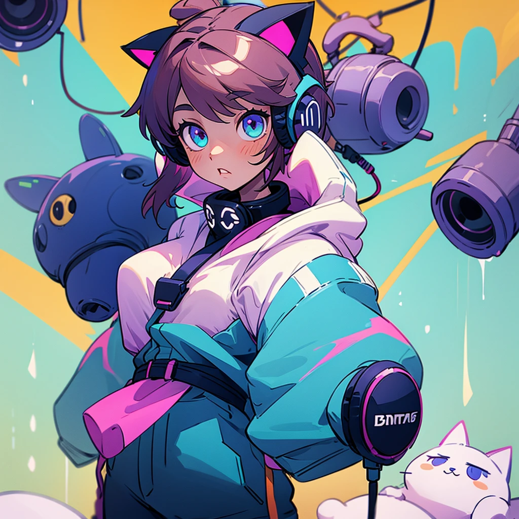 Girl with cat ears standing with a boy wearing headphones