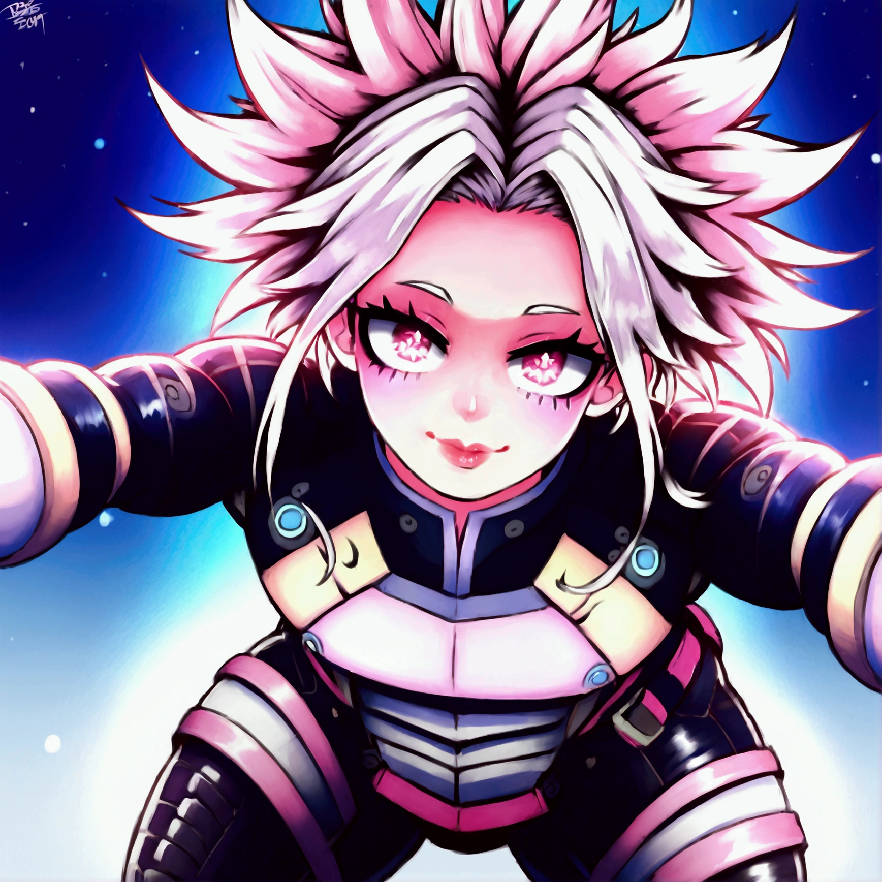 muscular man, futuristic detailed outfit, glowing eyes, pink eyes, white hair, dark background, stars, colorful, my hero academia style, best quality, 4k, 8k, highres, masterpiece:1.2, ultra-detailed, realistic,HDR, UHD, studio lighting, ultra-fine painting, sharp focus, physically-based rendering, extreme detail description, professional, vivid colors, Male, male, Chad