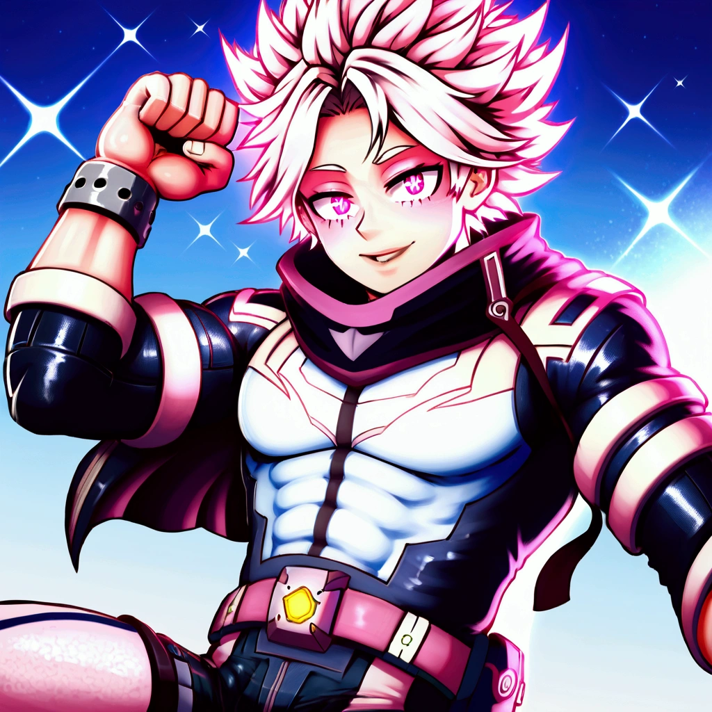 muscular man, futuristic detailed outfit, glowing eyes, pink eyes, white hair, dark background, stars, colorful, my hero academia style, best quality, 4k, 8k, highres, masterpiece:1.2, ultra-detailed, realistic,HDR, UHD, studio lighting, ultra-fine painting, sharp focus, physically-based rendering, extreme detail description, professional, vivid colors, Male, male, Chad