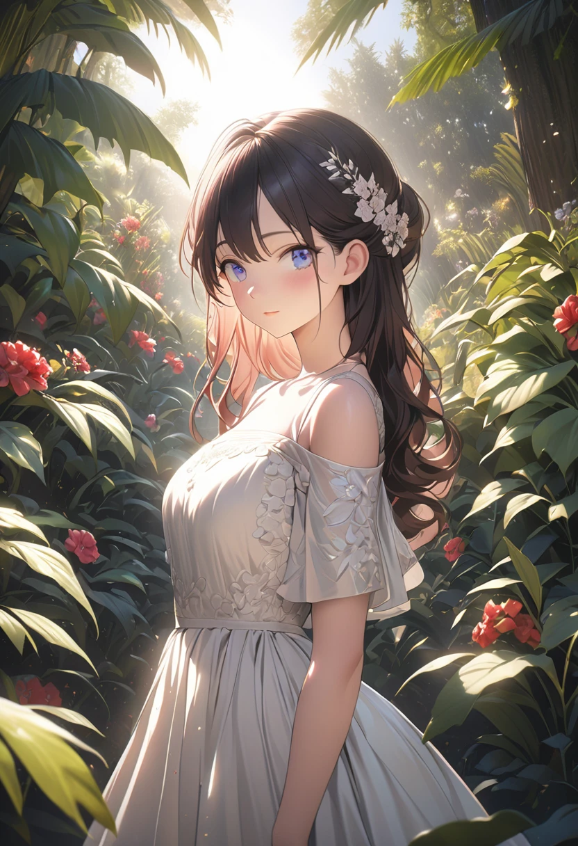 a woman in a beautiful garden, detailed face and eyes, flowers around her, sunlight, photorealistic, 8k, hyperdetailed, cinematic lighting, vibrant colors, lush foliage, natural setting, peaceful expression, elegant dress, detailed texture, artistic composition, masterpiece