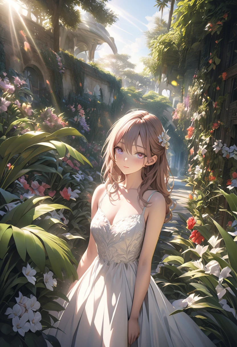 a woman in a beautiful garden, detailed face and eyes, flowers around her, sunlight, photorealistic, 8k, hyperdetailed, cinematic lighting, vibrant colors, lush foliage, natural setting, peaceful expression, elegant dress, detailed texture, artistic composition, masterpiece