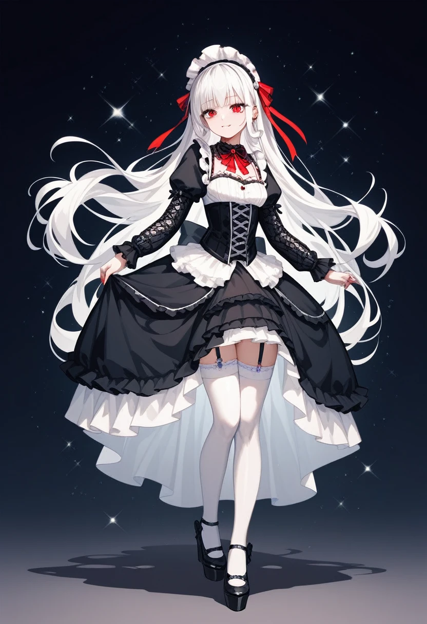 masterpiece, top-quality, masterpiece, top-quality,ighly detailed,{top-quality}, {{masterpiece}}, {hight resolution},original, {extremely delicate and beautiful},masterpiece, top-quality,ighly detailed,{top-quality},white hair, gothic lolita, full body, standing, white thighhighs,