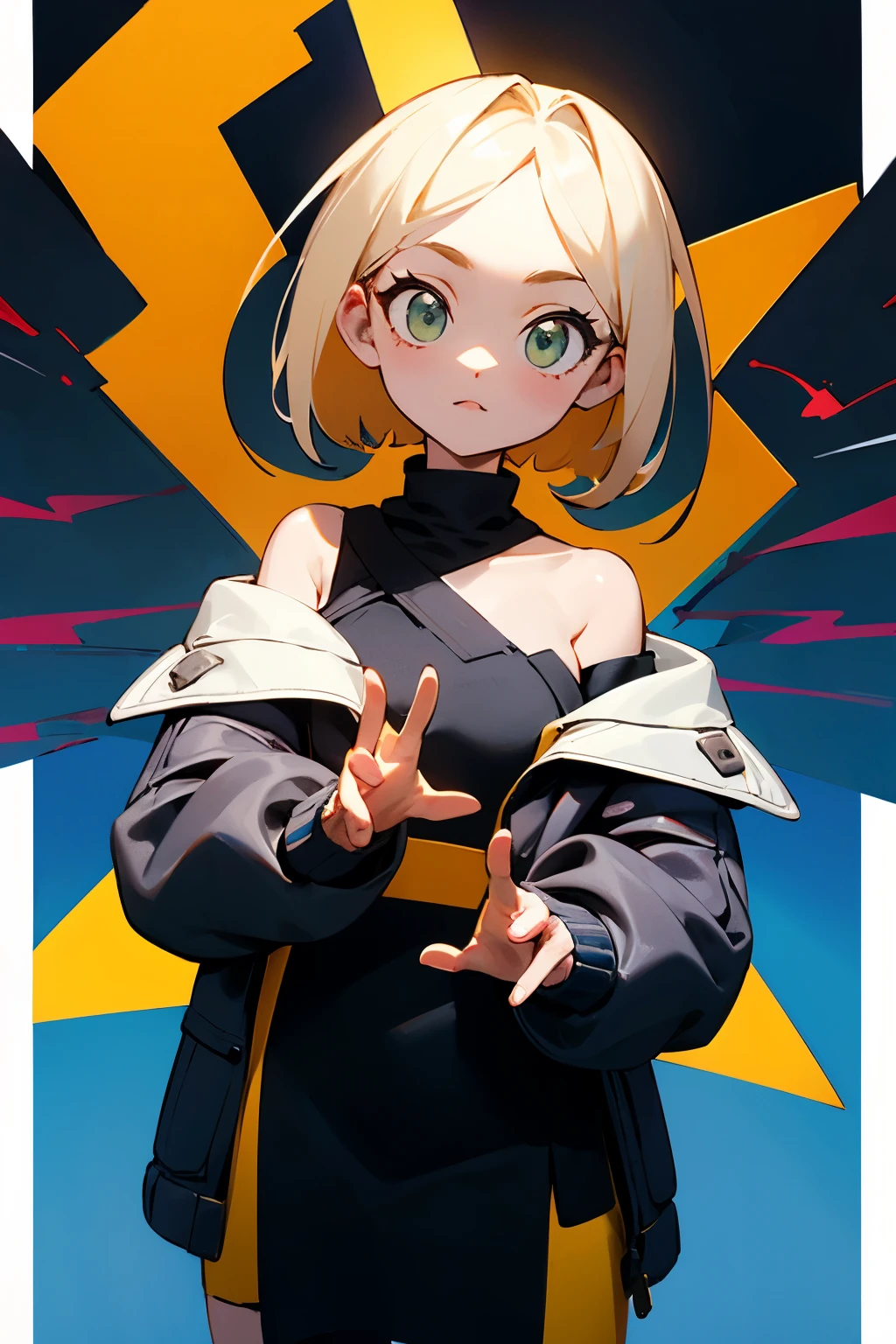 ((best quality)), ((masterpiece)), (detailed), 1girl, off-shoulder jacket, techwear, black yellow and white clothing, oversized jacket, anime style, front facing pose, shoulders bare, t-pose