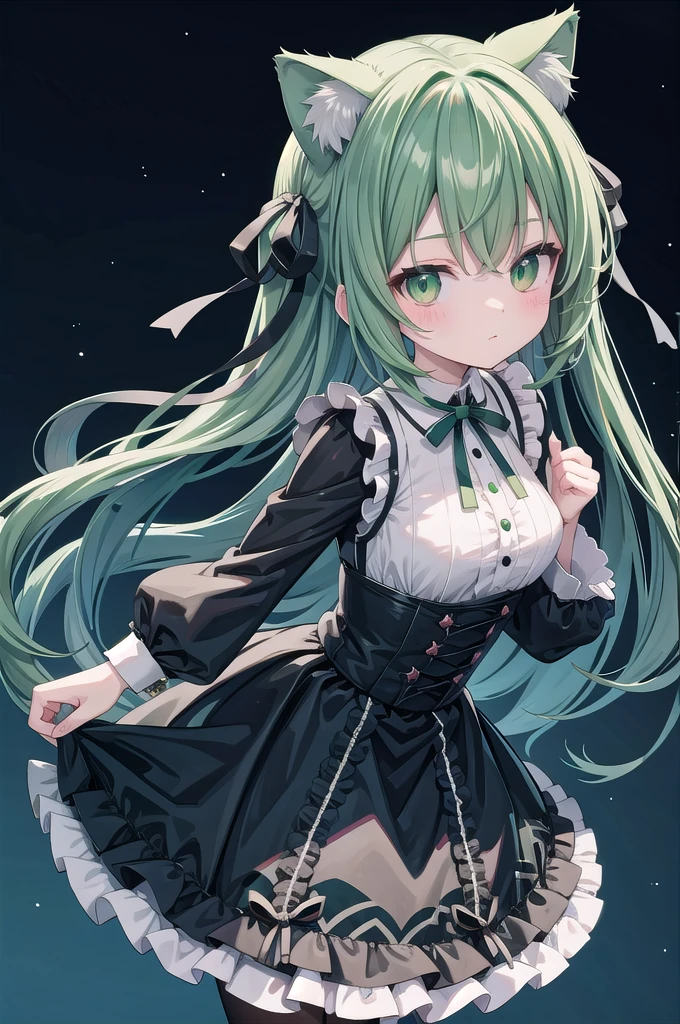 Super Deformed green hair Cat ears Curly hair Gothic Lolita BIG ribbon