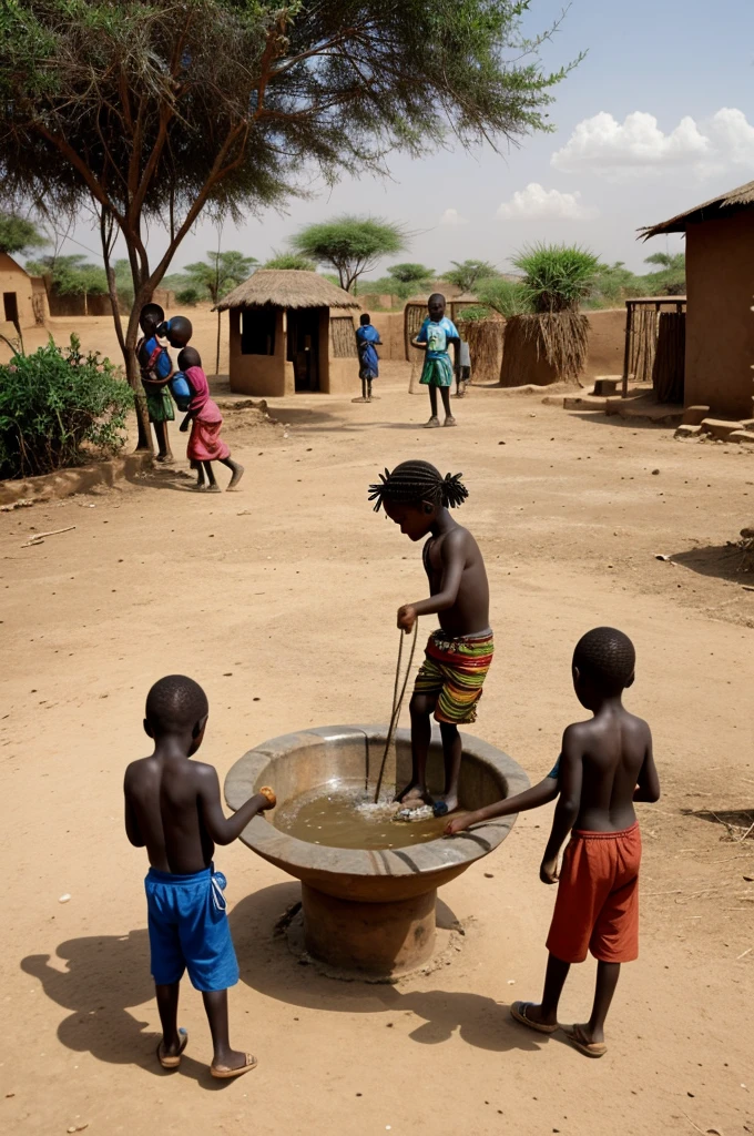 An African group of villagers working together on a community project, with Baraka at the center, smiling and leading the effort.