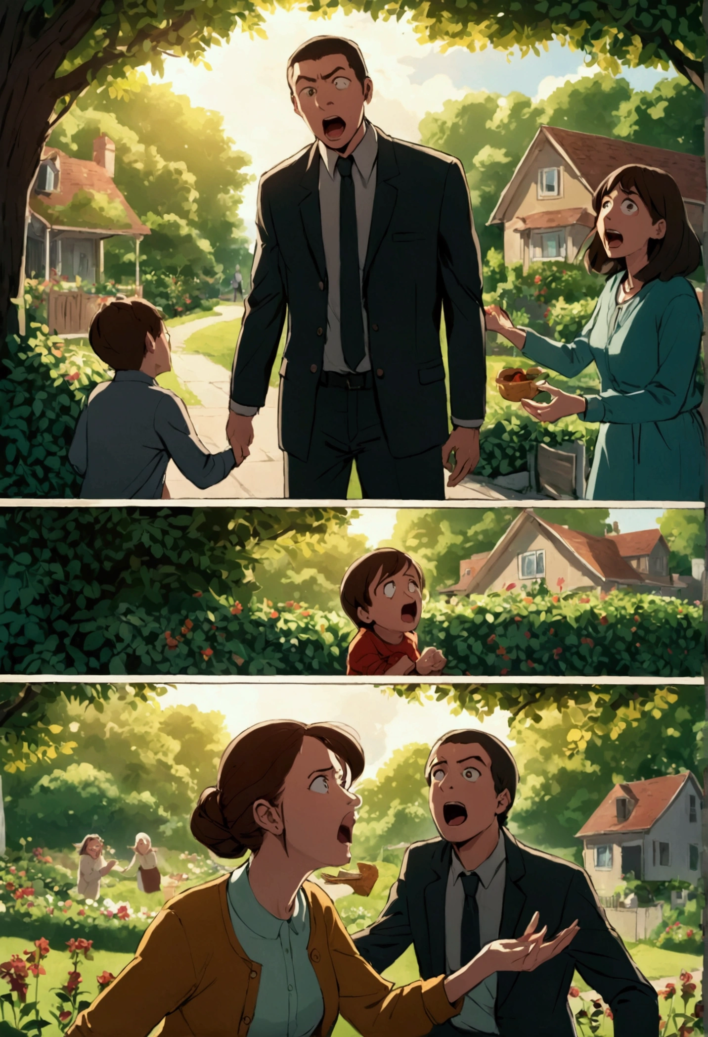 A stranger tries to give a money in the garden to steal him, and his mother watches the situation and screams at the stranger