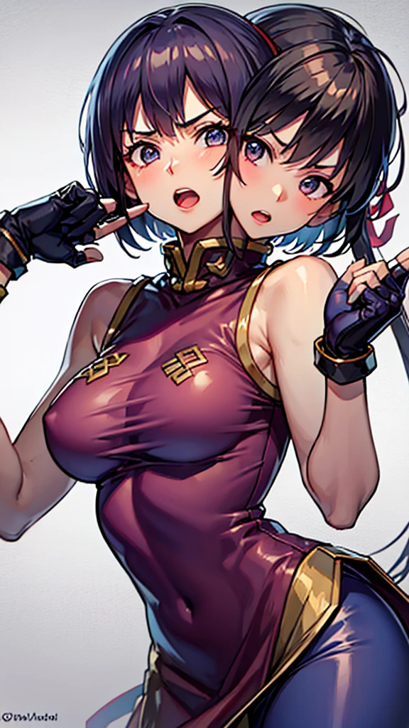 (masterpiece, best quality), best resolution, 16k, BREAK close-up, BREAK, (2heads:1.5), (cheek-to-cheek), 1girl, solo, BREAK athenams, hairband, chinese clothes, dress, gloves, hair ornament ,bare shoulders, BREAK yurims, headband, dougi, spandex, gloves, fingerless gloves, leggings, BREAK ((eyes up looking sideways:1.3)), BREAK fighting, angry, open mouth, BREAK simple background