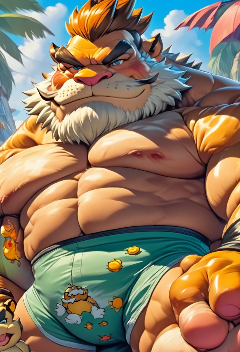 bowser with beard and mustache, wearing glasses, gordo, with hair on chest, looking at the viewer, posing in full body, hairy chest, naked, +18