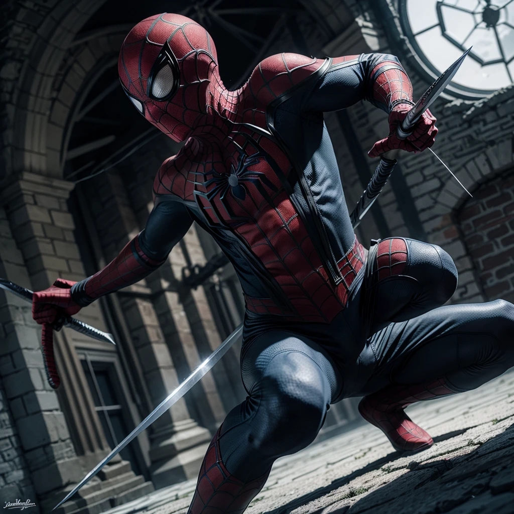 Spider-Man fighting with swords against John Snow
