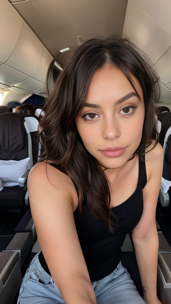 Pretty beautiful sexy Senegalese black (le noir a) (on a plane),Selfie, Low cut, very detailed, 18 ans, visage innocent, naturally wavy hair, yeux verts, high resolution, Boss of'ouvrages d'art, best quality, intricate details, very detailed, mise au point nette, detailed skin, texture de peau realistic, texture, detailed eyes, professionnel, 4K, charming smile, prise avec Canon, 85 millimeters, slight depth of field, kodak vision color, corps parfaitement ajusté, extremely detailed, Photograph_\(ultra\), photographiquerealistic, realistic, Post-traitement, maximum details, roughness, real life, ultrarealistic, photorealism, photographie, 8k uh, photographie