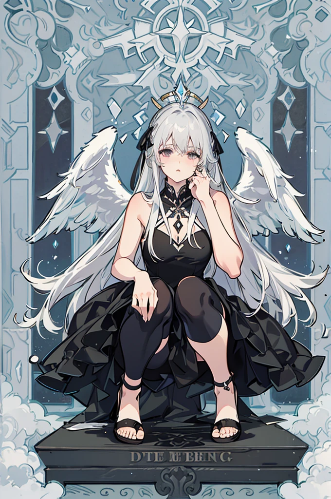 Highest quality)), ((masterpiece)), (detailed), One girl,Silver Hair,Long Hair，Dark Skin,Wearing a black sleeveless dress，Wear black high heels，Squatting pose on top of a chimney,Morning sky，cloud，He has black wings on his back like a fallen angel.，Look away