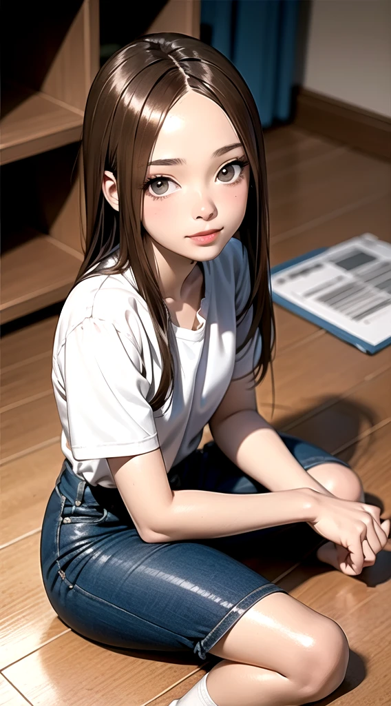 indoor, bedroom, ((W-shaped sitting on the floor)), , Long hair, Brown hair, Brown eyes, (Perfect skin, Realistic skin), Qingfu, White shirt, White socks, White, Exquisite fabric highlights, Sexy:1.1, Smile, blush:1.2,  Takagi Sensei First Style, (masterpiece:1.4, best quality:1.4, Intricate details, high resolution, 8K, 4K, Ultra HD, Ultra Detailed 8K CG, 超high resolution, High quality textures, High quality shadows, Human Development Report), Not suitable for working hours