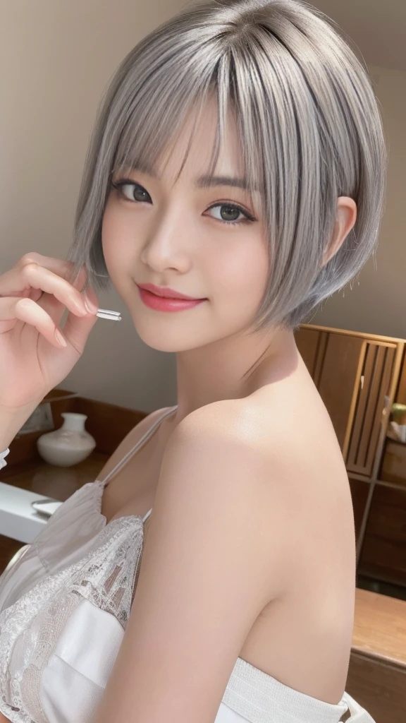 (1 ultra young Cute japanese girl,short silver hair:1.5),porcelain white skin,slender figure,lacy camisole,sitting in Italian cafe,drinking black tea,beautiful detailed eyes,long eyelashes,charming dropped eyes,lovely smiling lips,extremely detailed face without makeup,(best quality,4k,8k,highres,masterpiece:1.2),ultra-detailed,(realistic,photorealistic,photo-realistic:1.37),HDR,UHD,studio lighting,ultra-fine painting,sharp focus,physically-based rendering,extreme detail description,professional,vivid colors,bokeh,portraits,soft pastel colors,natural lighting,cinematic composition