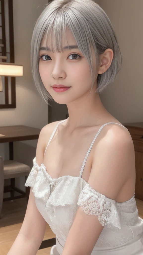 smile,((NSFW)),(Best Quality:1.2), Female dog,(Female organ:1.1),8k, Raw photo, Beautiful sexual woman, Cute beautiful girl,((Her naked lower body is visible、股間のFemale organが見えている:1.3))、((Small breasts:1.5))、((Short bob cut silver hair:1.5))、Blue LED light、 Cleavage、White skin、high tech、Ultra-high resolution、Night scene background、Beautiful Face、Professional Lighting、masterpiece、Very detailed and beautiful professional photography、Thighs、Waist、Angle from below