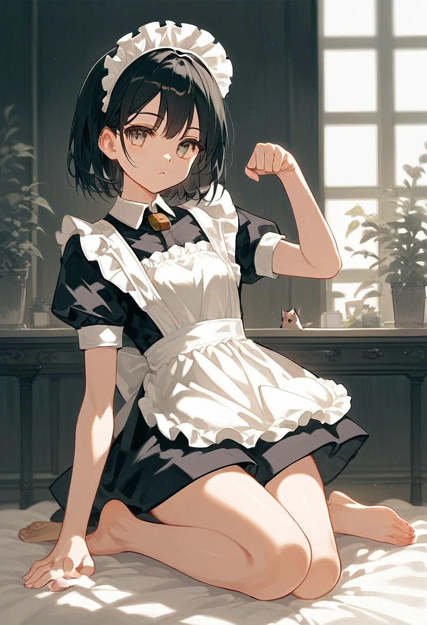 (score_9,score_8_superior,score_7_superior,score_6_superior,score_5_superior,score_4_superior),One girl,alone,Maid,Maid headdress,View your viewers,apron,Black Hair,Cat Pose,Lock,Maid服,indoor,Black Hair,barefoot,Feet Focus,
