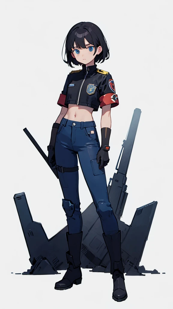 1,An android that resembles a human,Deep blue eyes,Short black hair,Dark blue uniform,Island symbol on chest,Red armband on right arm,gloves,Dark blue pants for easy movement,Many side pockets,Black leather boots,badge,White background,whole body,Character portrait,