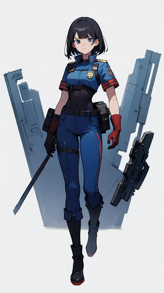 1,An android that resembles a human,Deep blue eyes,Short black hair,Dark blue uniform,Island symbol on chest,Red armband on right arm,gloves,Dark blue pants for easy movement,Many side pockets,Black leather boots,badge,White background,whole body,Character portrait,