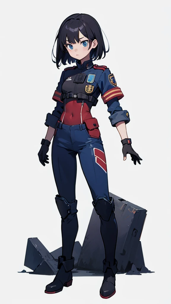 1,An android that resembles a human,Deep blue eyes,Short black hair,Dark blue uniform,Island symbol on chest,Red armband on right arm,gloves,Dark blue pants for easy movement,Many side pockets,Black leather boots,badge,White background,whole body,Character portrait,