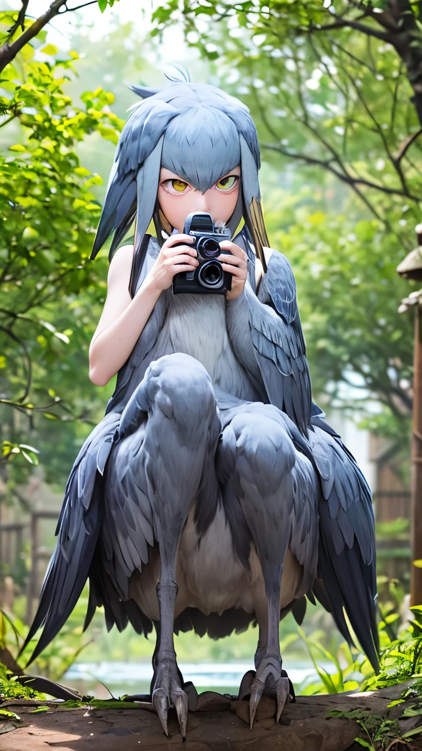 RAW Photos、Highest quality、ultra High resolution、High resolution、masterpiece:1.3、shoebill stork、Sharp Eyes、Aiming for prey、Dense forest、Swamp、BREAK、BREAK、(((Wildlife photographer、One girl photographer、A female photographer secretly taking pictures、A photographer quietly observing a shoebill stork、Behind the cameraman、Girl with a heavy camera)))、