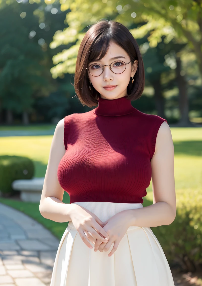 (highest quality、Tabletop、8K、Best image quality、Award-winning works)、One beautiful woman、Age 25、(alone:1.1)、Perfect beautiful composition、(Accentuate your body lines:1.1)、( Very short bob hair:1.1)、(Perfect white turtleneck sleeveless knit sweater:1.2)、(Bare arms:1.2)、(Classy and perfect round glasses:1.2)、(Too big breasts:1.3)、(Elegant red melton skirt:1.2)、Full body photo、Look at me and smile、(Accurate city park background with strong blur:1.1)、Standing Elegantly、Droopy eyes、Natural Makeup、Ultra-high definition beauty face、Ultra HD Hair、Ultra high resolution glowing eyes、Super high quality glossy lip、(Accurate anatomy:1.1)、(very bright and vivid:1.1)， huge breasts，Huge breasts，Cleavage，Low-cut