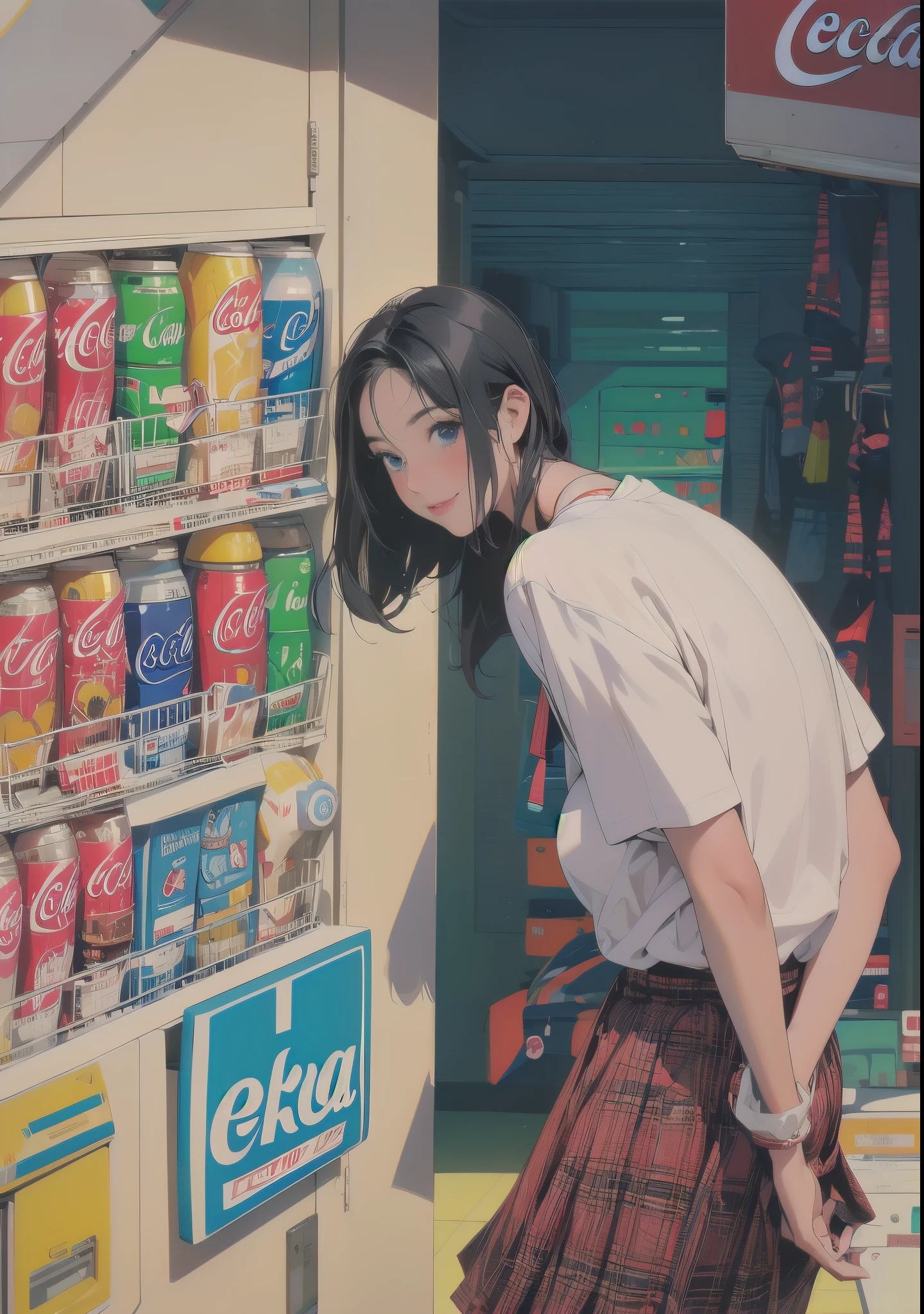 1girl, solo, long hair, breasts, looking at viewer, blush, smile, blue eyes, skirt, shirt, black hair, closed mouth, standing, white shirt, short sleeves, pleated skirt, indoors, plaid, leaning forward, red skirt, plaid skirt, arms behind back, can, locker, shop, vending machine, coca-cola