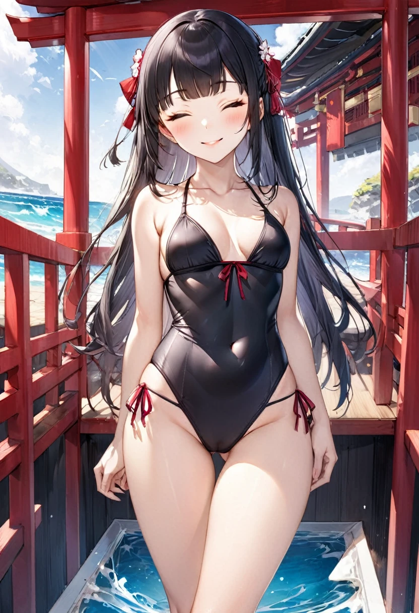 (full body, pov Kunoichi style swimsuit) (beautiful body), (solo:2, 15 yo, blunt bangs:1.3 black hair long hair sexy shrine girl, sexy closed eyes, happy smile), (in a japanese beautiful ninja:1.3 bikini swimsuit, exposure wabisabi:1.3 white and red), break, in the Swimsuit contest venue, background Double Exposure beautiful ocean, BREAK, perfect anatomy, masterpiece, best quality, 16k, beautiful detailed love, sexy, daydreaming expression.