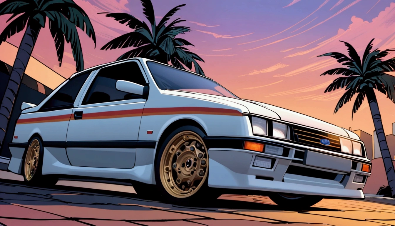 ((ＴShirt Design)), Ford Sierra RS Cosworth(1985), Sunset background, Palm tree, Layers with 5 colors, Corner Street, Belek&#39;s Drums, Plethean, 